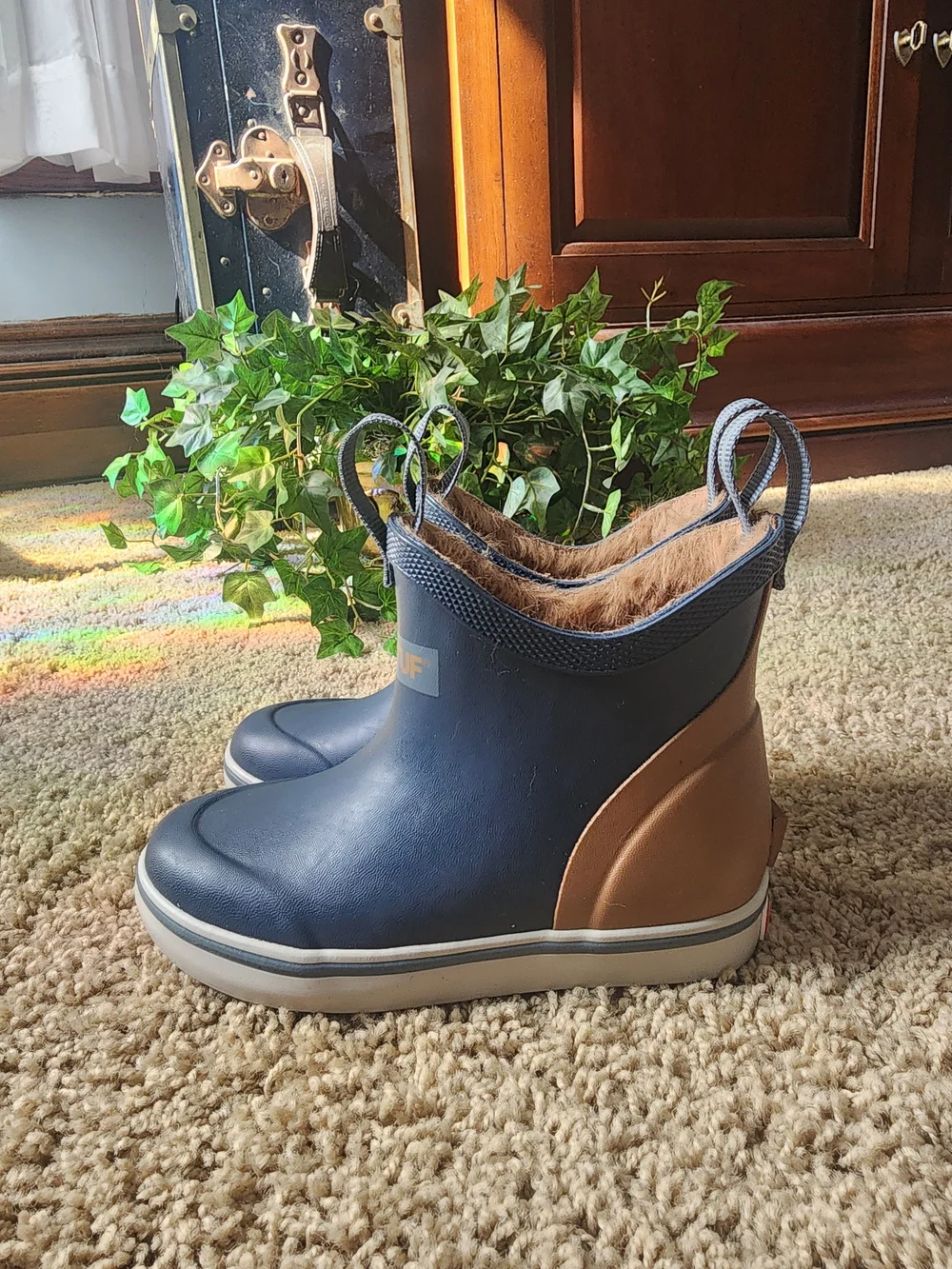 Xtratuf Kids Faux Fur Lined Navy and Tan Waterproof Rain & Snow Boots